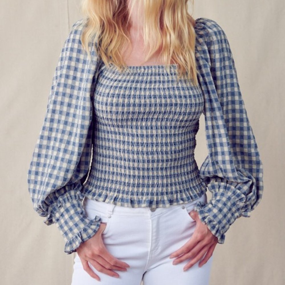 &merci Gingham Square Neck Smocked Balloon Sleeve Top